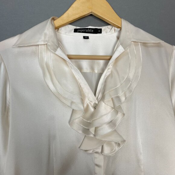 Paperwhite Silk Blouse Stretch Cream White Size 4 Top Ruffle Collar‎ Button-Up - Picture 16 of 16
